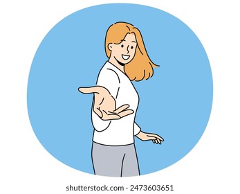 Smiling woman stretch hand to camera invite someone going together. Happy female outstretch arm to screen. Invitation and request. Vector illustration.