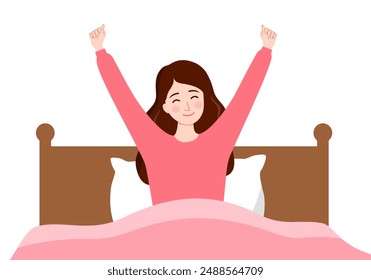 Smiling woman stretching anrms after sleeping in a cozy bed. The concept of a good morning and a good start to the day.