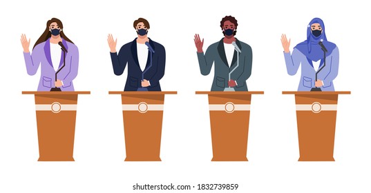 Smiling Woman in Suit and Face Mask Waving hand in an Election & Political Campaign or Debate During Pandemic. Multicultural and Diversity Big People Flat Design Cartoon Style Vector Illustration
