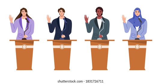 Smiling Woman in Suit Waving hand in an Election & Political Campaign or Debate. Multicultural and Diversity Big People Flat Design Cartoon Style Vector Illustration