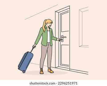 Smiling woman with suitcase open door with key. Happy female tenant or renter with baggage lock doors in house or apartment. Vector illustration. 