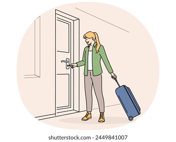 Smiling woman with suitcase open door with key. Happy female tenant or renter with baggage lock doors in house or apartment. Vector illustration.