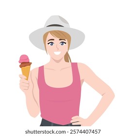 Smiling Woman in Summer Hat Enjoying Ice Cream on a Sunny Day. Flat vector Character Illustration