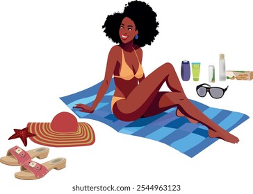 Smiling woman sunbathing on beach towel with summer accessories like sunglasses, sunscreen, sandals, hat and starfish