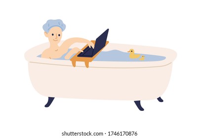 Smiling woman surfing internet during taking bath vector flat illustration. Happy female relaxing at bathroom spending time online isolated on white. Cute girl chatting or watching use laptop