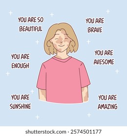 A smiling woman surrounded by affirmations such as "You are beautiful" and "You are unique," celebrating confidence and positivity for World Compliment Day