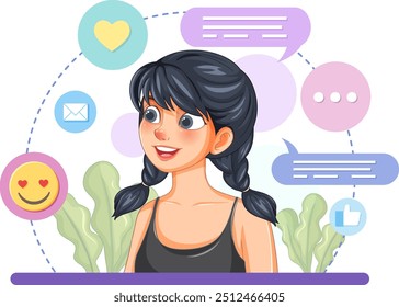 Smiling woman surrounded by social media icons
