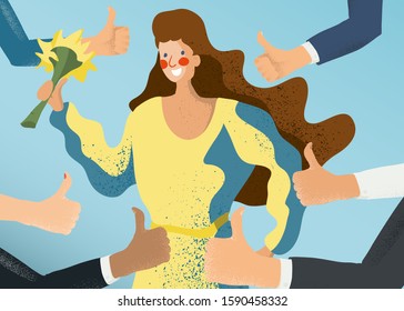 Smiling woman surrounded by thumbs up gesturing hands. Social approval, positive feedback and acceptance success concept. Flat style colorful vector character illustration