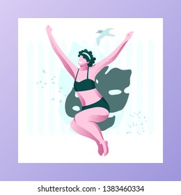 Smiling woman in swimsuit jumping in air over tropical leaves. Modern vector flat active female character.