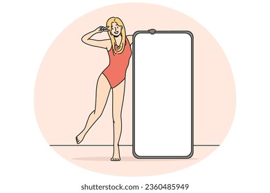 Smiling woman in swimsuit posing with cellphone with mockup screen. Happy girl in bodysuit near smartphone with white copy space display. Influencer concept. Vector illustration.