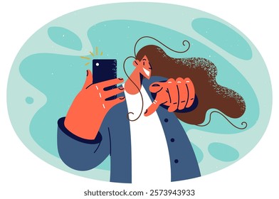 Smiling woman take picture with cellphone point at screen. Happy girl photograph with smartphone show with finger at camera. Vector illustration.