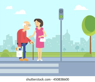 Smiling Woman Takes Care Of Old Man To Help Him Cross The Road In The City On The Green Traffic Light. Flat Illustration Of Elderly People Assistance And Support Outdoors