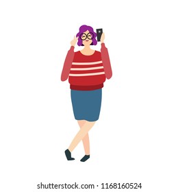 Smiling woman taking selfie with smartphone. Mobile phone user, peace gesture, posing. Photography concept. Vector illustration can be used for picturing, photo, self portrait