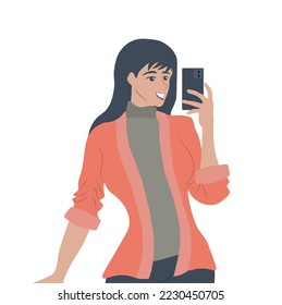 Smiling woman taking selfie using smartphone. Happy lady with bangs wearing blaze and formal clothes. She enjoys free time with high esteem. flat vector illustration isolated on white background.