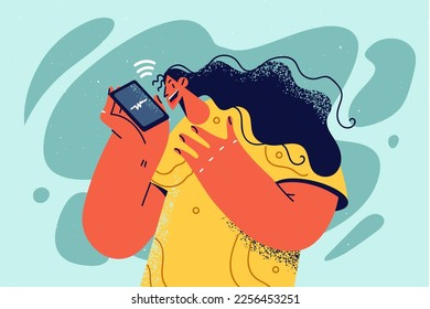 Smiling woman talk on loudspeaker on cellphone. Happy girl record message on smartphone. Digital assistant or app on mobile phone. Technology. Vector illustration. 