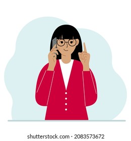 Smiling woman talking on a cell phone with emotions. One hand with the phone the other with a forefinger-up gesture. Vector flat illustration