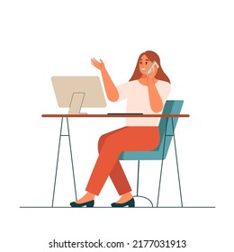 Smiling woman talking on mobile phone in office. Flat vector illustration.