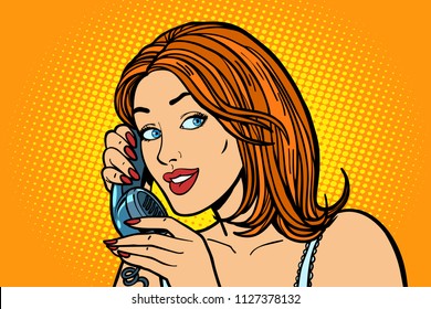 smiling Woman talking on the phone. Emotions. Comic cartoon pop art retro vector illustration drawing
