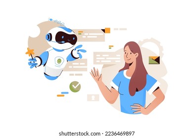 Mujer sonriente hablando con asistente virtual de ilustración vectorial. Chica conversando con el concepto de bot digital de estilo plano. Nuevas tecnologías e ideas de comunicación