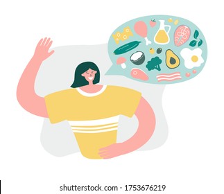 Smiling woman talks about Keto diet. Girl explains what to eat on the Ketogenic diet. Young woman promotes Low carb High fat eating protocol. Modern flat illustration on healthy eating.