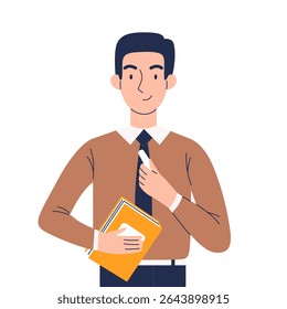 A smiling woman teacher with chalk and a book in her hands in a cartoon flat style. The vector illustration is isolated on a white background