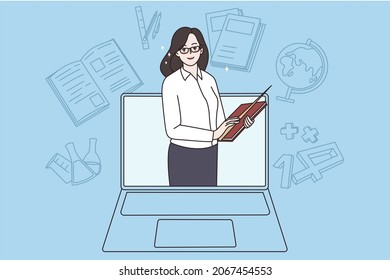 Smiling woman teacher on laptop screen teach student online on home lockdown or quarantine. Happy female tutor or coach have internet webcam class with pupil. Vector illustration. Education. 