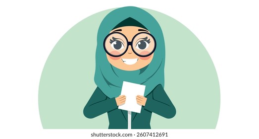 smiling woman in teal hijab holding a blank paper