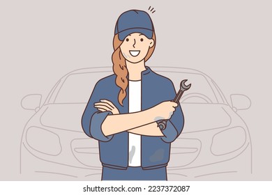 Smiling woman technician with tool in hands repairing automobile. Happy female mechanic with equipment working fixing car. Vector illustration. 