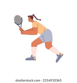 Smiling woman with tennis racket getting ready to hit ball flat style, vector illustration isolated on white background. Decorative design element, sport game, leisure, active character