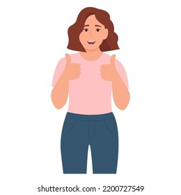 Smiling woman with thumbs up expressing agreement and approval. The gesture is cool. Girl with great sign. Flat vector illustration isolated on white background