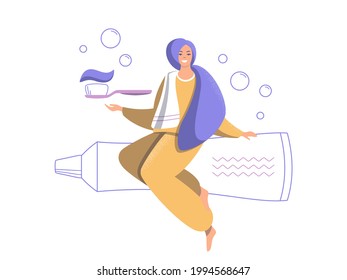 Smiling woman with a toothbrush and toothpaste. A beautiful young girl takes care of her health and cleanliness, takes care of herself with positive emotions.
Morning hygiene procedures. Flat vector.