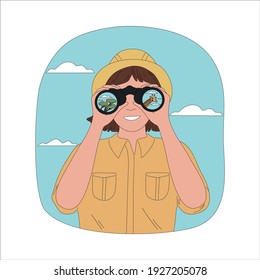 Smiling woman tourist in hat standing and looking at animals and nature with binoculars