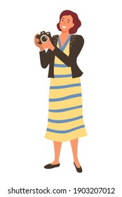 Smiling woman tourist or paparazzi making professional shoots on photo camera. Vector isolated photo correspondent with camera, female in striped dress