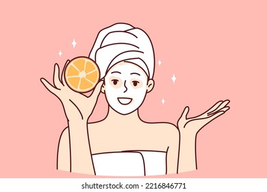 Smiling woman in towel and bathrobe do facial beauty procedures in spa. Happy girl enjoy face skincare procedures at home. Cosmetology concept. Vector illustration. 