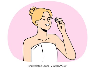 Mulher sorridente em toalha no corpo fazendo maquiagem em casa. Feliz pintura feminina chicotadas com rímel. Beleza e se preparando. Ilustração vetorial.