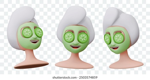 Smiling woman with towel on her head. Female character with cosmetic mask and cucumbers on face