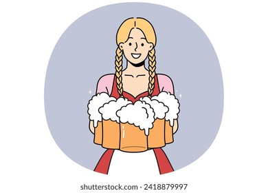 Smiling woman in traditional costume holding glasses of beers. Waitress serving drinks of German festival. Oktoberfest event. Vector illustration.