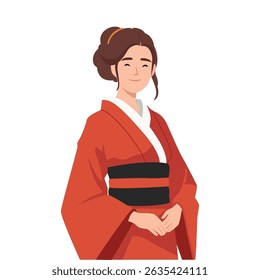Mulher sorridente em quimono tradicional. Ilustração de vetor plano isolada no plano de fundo branco