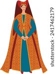 Smiling woman in traditional medieval dress with headdress. Female historical figure costume illustration.