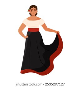 Mujer sonriente en el vestido tradicional mexicano que sostiene la falda, Vector