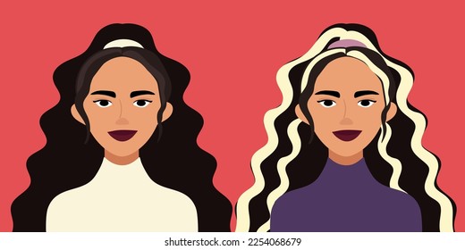Mujer sonriente en dos apariencias diferentes. Estilo plano. Mujeres