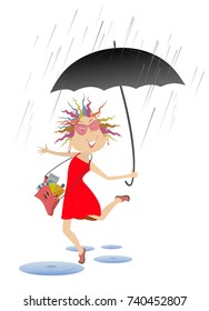 Smiling woman with umbrella and fancy bag jumping over the puddles under the rain