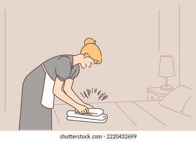 Smiling woman in uniform cleaning in hotel room. Happy female housekeeper working in hostel. Housekeeping and maid service. Vector illustration. 