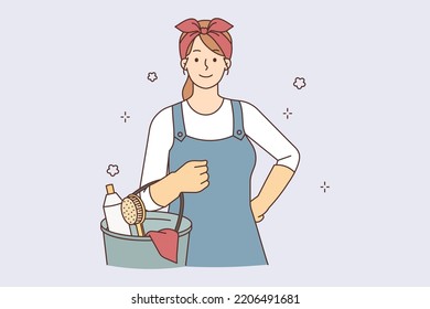 Smiling woman in uniform work in housekeeping service. Happy female housekeeper with clean bottles. Sanitor occupation. Vector illustration. 