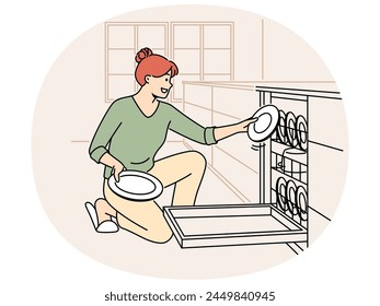 Smiling woman unloading dishwashing machine. Happy housewife put dirty plates into dishwasher at home kitchen. Household and chores concept. Vector illustration.