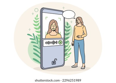 Smiling woman unlock mobile phone with face ID. Female smartphone user get access to data with biometrical check. Identification and verification concept. Vector illustration.