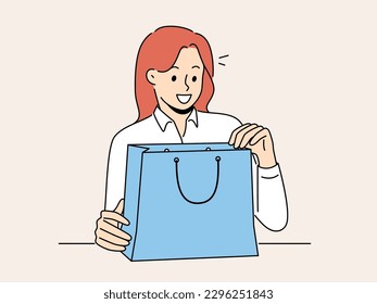 Smiling woman unpack bag with present or gift. Happy girl open shopping bag with order excited with delivery. Consumerism and shopaholic. Vector illustration. 