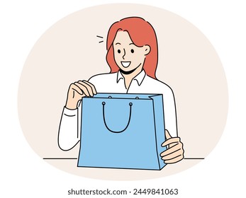 Smiling woman unpack bag with present or gift. Happy girl open shopping bag with order excited with delivery. Consumerism and shopaholic. Vector illustration.