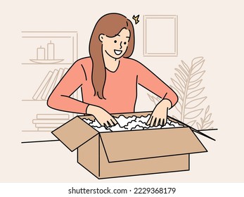 Smiling woman unpacking order at home. Happy girl open cardboard box unbox purchase buying shopping on internet. Vector illustration. 