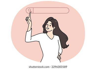 Smiling woman use search page on computer touchscreen seek for information. Businesswoman look for data online with web searching browsing line. Copy space. Vector illustration.